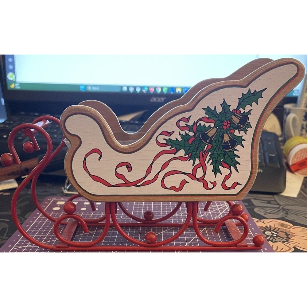 Vintage Fantasia Wooden Sleigh Red Metal Runners Christmas Decor Centerpiece